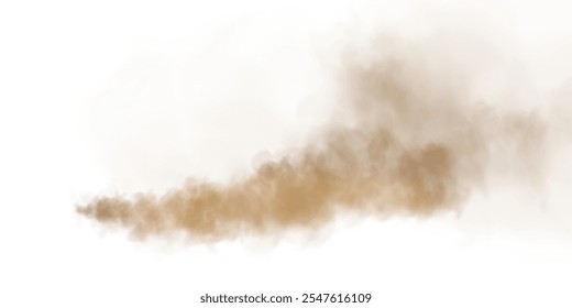 Sandrauchwolken mit Staub und feinen Partikeln. PNG-Düne, Sandsturm, Puderhaufen. Realistische Vektorgrafik des Wüstensturms - fliegender Sägemehl mit kleinen Schmutzteilchen unter dem Einfluss