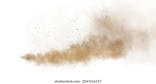 Sandy-smoke clouds with dust and fine particles. PNG Dune, sand storm, clusters of powder. Realistic vector illustration of desert storm - flying saw dust with small dirt particles under the influence