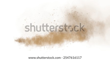 Sandy-smoke clouds with dust and fine particles. PNG Dune, sand storm, clusters of powder. Realistic vector illustration of desert storm - flying saw dust with small dirt particles under the influence