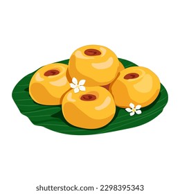 Saneh Jan, Thai traditional dessert recipe, Thai sweet menu made by egg yolk, flour and sugar. Isolated Thai snack on banana leaf with jasmine decoration. Vector hand drawing on white background.