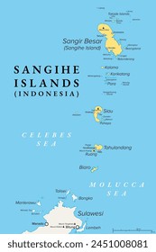 Islas Sangihe, grupo de islas en Indonesia, mapa político. También las islas Sangir, Sanghir o Sangi, al norte de Sulawesi, entre Celebes y el mar de Moluca, con volcanes activos Monte Awu y Monte Ruang.