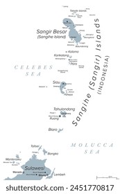 Islas Sangihe, un archipiélago indonesio, mapa político gris. También las islas Sangir, Sanghir o Sangi, al norte de Sulawesi, entre Celebes y el mar de Moluca, con volcanes activos Monte Awu y Monte Ruang.