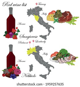 Sangiovese and Nebbiolo. The wine list. An illustration of a red wine with an example of aromas, a vineyard map and food that matches the wine. Background for menu and wine tasting.
