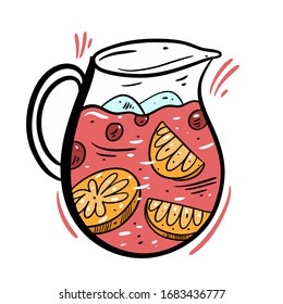 Bebida de cóctel Sangria en jug. Estilo plano dibujado a mano. Ilustración vectorial de dibujos animados. Aislado sobre fondo blanco. Diseño para letrero, plantilla, banner, afiche, tarjeta, t-pantalones, blog y web.