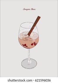Sangria Blanc cocktail , pomeganate , cinnamon infuse sangria ,hand drawn sketch line art vector.