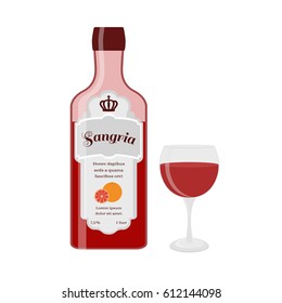 Sangria bottle with glass. Spanish wine with orange, lemon, berries. Cartoon flat style.
