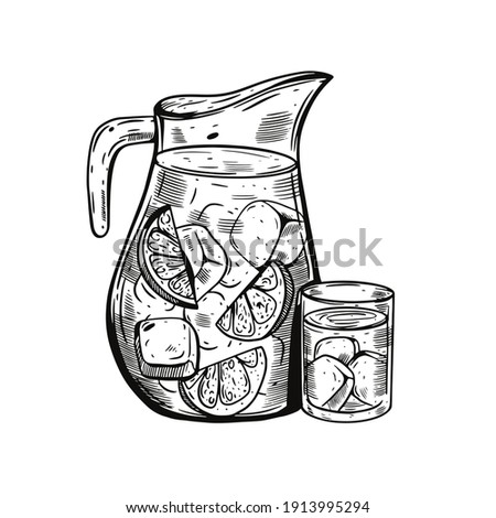 Sangria cocktail. Black color sketch vector illustration. Realistic jar glass. Isolated on white background. Imagine de stoc © 