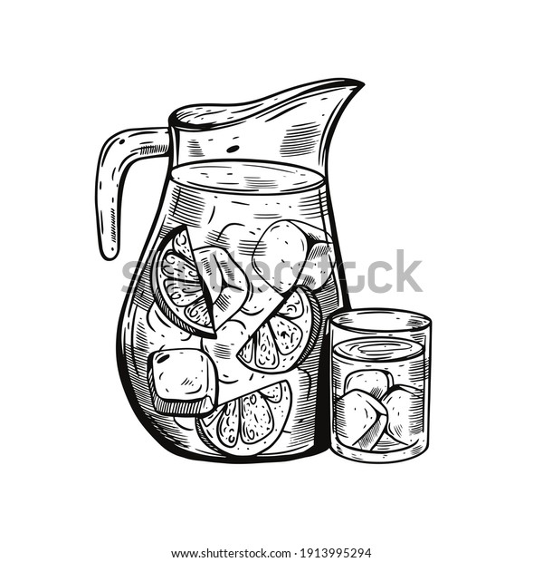 Sangria cocktail.
Black color sketch vector illustration. Realistic jar glass.
Isolated on white
background.