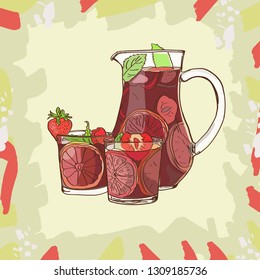 Sangria Cocktail classic. Traditional spanish alcohol bar drink. Hand drawn jug and glass of fresh sangria with orange , peach, lemon, strawberry, apple, mint. Vector illustration eps 10