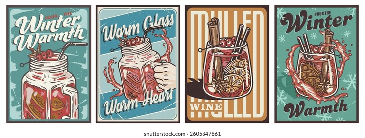 Sangria cocktail glass on retro, vintage poster for design of surfing, tiki or beach bar menu. Mulled wine alcohol cocktail for drink party, summer vibes