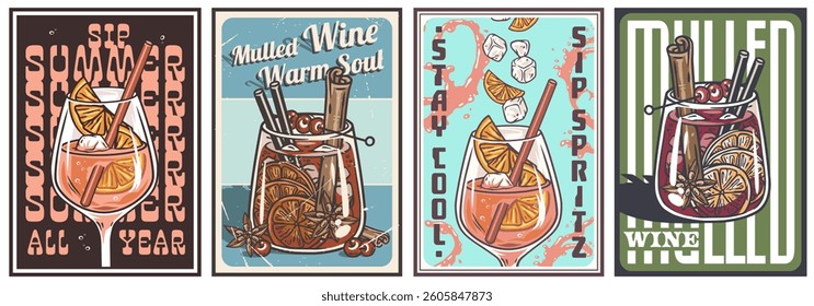 Sangria cocktail glass on retro, vintage poster with olive and splashes for design of surfing, tiki or beach bar menu. Mulled wine alcohol cocktail for drink party, summer vibes