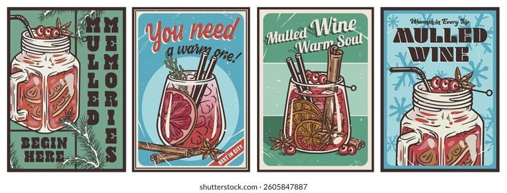 Sangria cocktail glass on retro, vintage poster for design of surfing, tiki or beach bar menu. Mulled wine alcohol cocktail for drink party, summer vibes