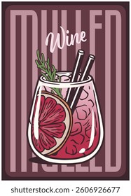 Sangria cocktail glass on retro, vintage poster with cinnamon sticks, orange slices, berries, star anise for surfing, tiki, beach bar menu. Mulled wine alcohol cocktail for drink party, summer vibes