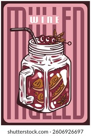 Sangria cocktail glass on retro, vintage poster with cinnamon sticks, orange slices, berries, star anise for surfing, tiki, beach bar menu. Mulled wine alcohol cocktail for drink party, summer vibes