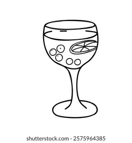 Sangria Cocktail glass with Orange and various Fruits. Hand drawn vector illustration of Spanish drink in Doodle style isolated on white background. For cocktail bar menu, logo or drink summer party