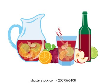 Sangria drink red wine with fruits icon set vector. Jug with sangria icon set isolated on a white background. Traditional spanish drink sangria still life vector