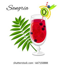 Sangria fruit cocktail vector cartoon style. Summer long drink isolated on white for restaurant, bar menu or beach party banner and flyer