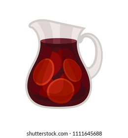 Sangria in glass jar. Traditional Spanish wine. Delicious alcoholic drink with chopped fruits. Flat vector for menu, poster or flyer