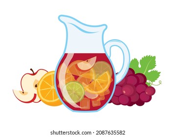 Sangria in a glass jug and with fruits icon set vector. Traditional spanish drink sangria still life vector. Sangria pitcher red wine and fruits icon isolated on a white background