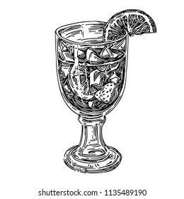 Sangria in glass slice of orange. Sketch. Engraving style. Vector illustration.