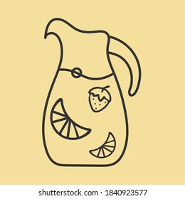 Sangria jar icon. Wine summer homemade cocktail with fruits, orange, strawberry. Outline isolated illustration. Vector 10