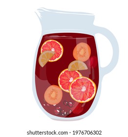 Sangria jug vector stock illustration. Spanish summer drink made of fruit and wine. Compote of orange, grapes, strawberries, apples. Isolated on a white background.