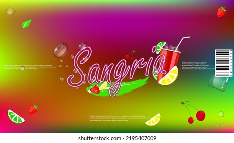 sangria label, multicolored with bubbles and pieces of ice, fruits, cherries, lemons. name in neon style