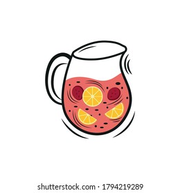 diseño del logo de sangria. ilustración vectorial de una bebida española de vino tinto mezclada con limonada, fruta y especias.
