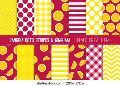 Sangria Party Vector Patterns in Burgundy Red and Yellow Chevron, Stripes, Polka Dots and Gingham. Orange Slices on Wine Color Background. Repeating Pattern Tile Swatches Included.