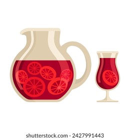 Sangria pitcher and glass flat style vector illustration