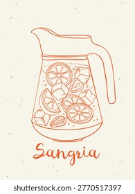 Sangria pitcher with orange slices, strawberry and ice cubes, whimsical hand drawn line art style. Spanish cocktail for poster, bar menu design, kitchen wall art, travel card, branding, summer drink.