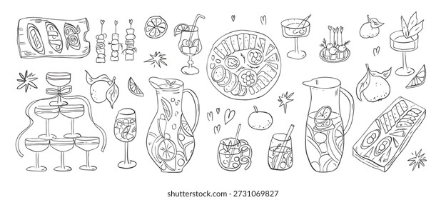 Sangria Krug, Tapas Doodles Set. Whimsical Cocktailparty mit mediterranen Speisen und Getränken aus Spanien. Handgezeichnete Elemente. Vektorskizze orange, Glasturm, Weinflaschen-Illustration.