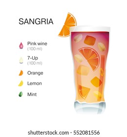 Sangria with recipe description. Vector illustration on white background