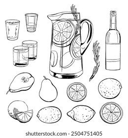 Refrescos de sangría con conjunto de frutas. Colección negra de la ilustración de la bebida del contorno del Vector aislada en blanco