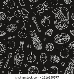 Sangria seamless pattern in black and white. Bottle, pitcher, glass, fruit, ice and wooden spoon