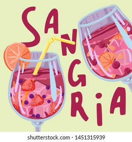 Sangria, summer drink with ice, concept illustration, banner or promotional offer, summer menu in a cafe or restaurant, bright vector cartoon flat illustration