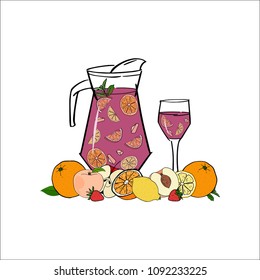 Sangria. Traditional spanish alcohol drink. Hand sketched jug and glass of fresh sangria with orange , peach, lemon, strawberry, apple, mint. Vector eps 10
