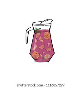 Sangria. Traditional spanish alcohol drink. Hand sketched jug of sangria with orange , peach, lemon, mint. Vector illustration. eps 10	
