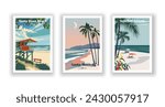 Sanibel Island, Florida. Santa Monica, California. Santa Rosa Beach, Florida - Set of 3 Vintage Travel Posters. Vector illustration. High Quality Prints