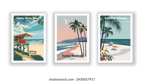 Sanibel Island, Florida. Santa Monica, California. Santa Rosa Beach, Florida - Set of 3 Vintage Travel Posters. Vector illustration. High Quality Prints