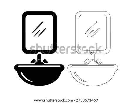 Sanitary bathroom equipment set, wall mounted mirror glass, water tap and basin