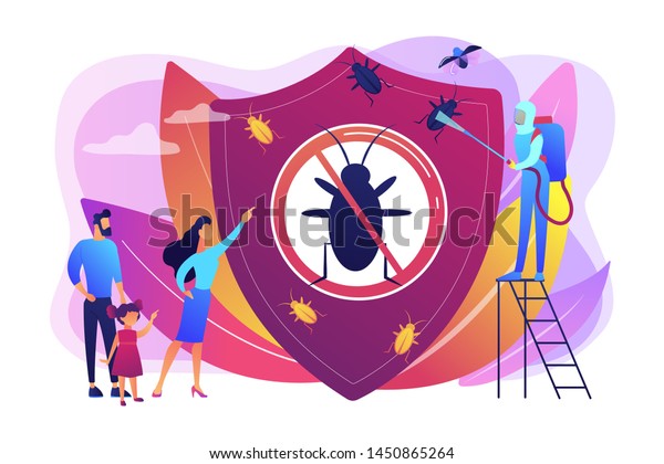 Sanitary domestic disinfection. Chemical\
treatment insects. Home pest insects control, vermin exterminator\
service, insect thrips equipment concept. Bright vibrant violet\
vector isolated\
illustration