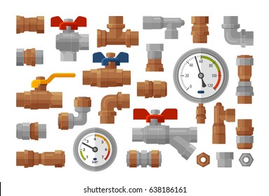 Sanitary engineering, plumbing equipment set icons. Manometer pressure, meter, industry, fittings, water supply concept. Vector illustration