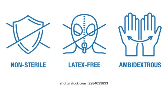 Sanitary gloves icons set - ambidextrous, non-sterile, latex-free. Light pictograms in thin line