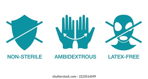 Eigenschaften von Sanitärhandschuhen flache Symbole - ambidexterös, nicht steril, latexfrei