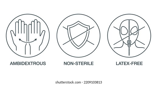 Sanitary gloves properties icons set - ambidextrous, non-sterile, latex-free. Flat pictograms in thin line