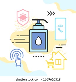 Sanitary goods delivery due to the COVID-19 quarantine vector illustration. Sanitizer, shield with virus icon, mobile phone, and house with shopping cart within. 