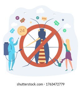 Sanitary household disinfection. Chemical treatment of insects. The destruction of parasites. Cleaning the house of cockroaches and ants. Colorful vector illustration.