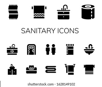 sanitary icon set. 14 filled sanitary icons. Included Towel, Sink, Toilet paper, Bathroom, Tissue, Public toilet, Toilet, Urine icons