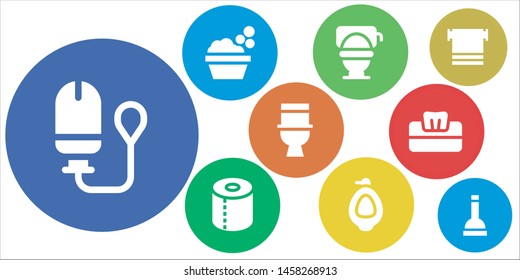 sanitary icon set. 9 filled sanitary icons.  Simple modern icons about  - Tampon, Washbowl, Toilet, Toilet paper, Urinal, Tissue, Towel, Plunger